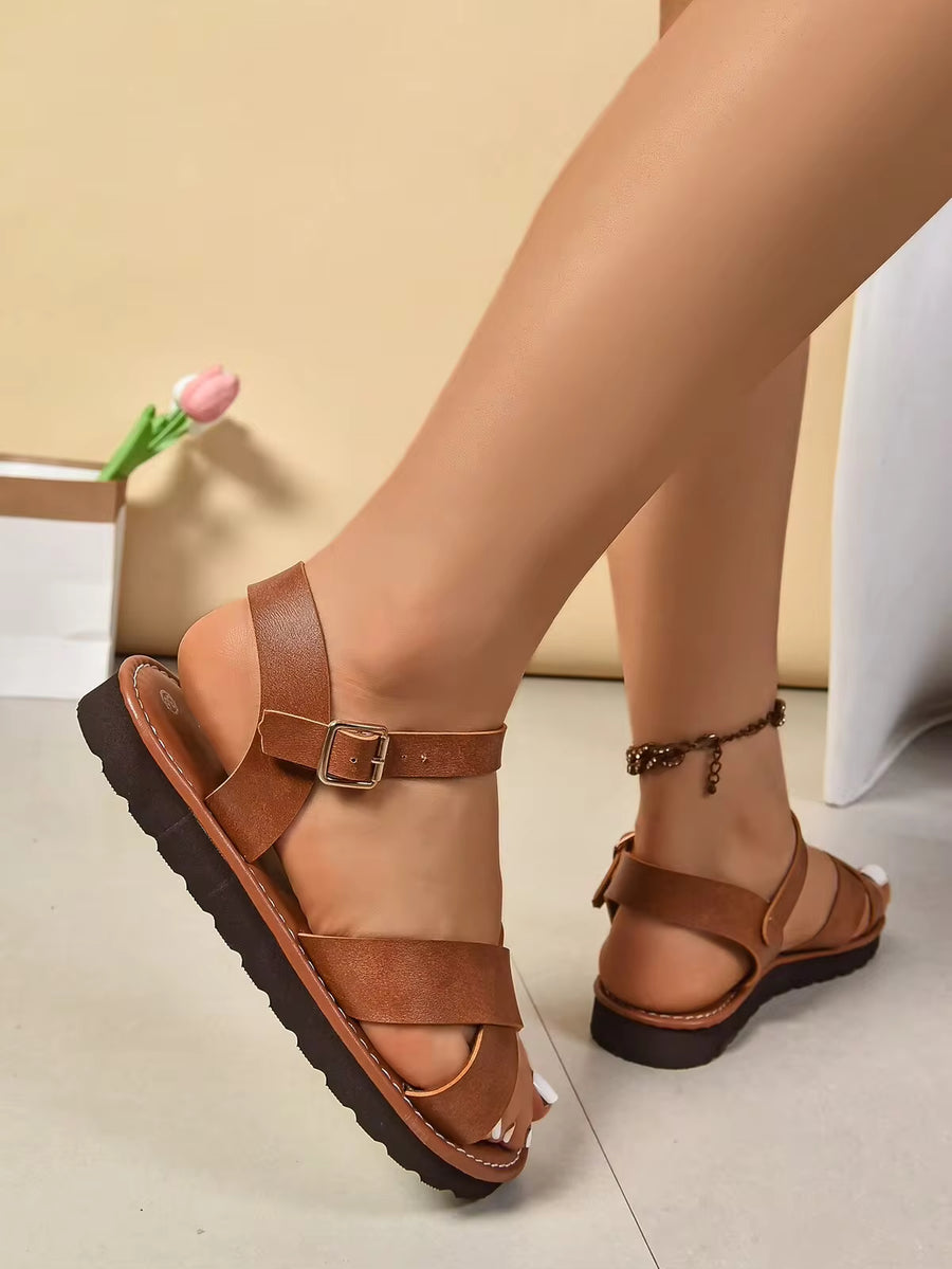 Plus Size 2024 Summer New Fashion Flat Sandals, Korean Style Casual Roman Shoes, Beach Sandals For Women, Comfortable Cross Strap Open Toe Retro Style Flat Sandals