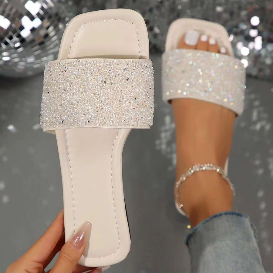 Elegant Women's Dressy Slide Sandals With Rhinestone Accents & Square Toe For Summer