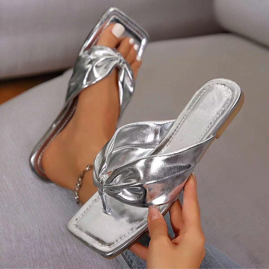Elegant Ruched Strap Sandals For Women - Lightweight Summer Flip Flops With Square Toe